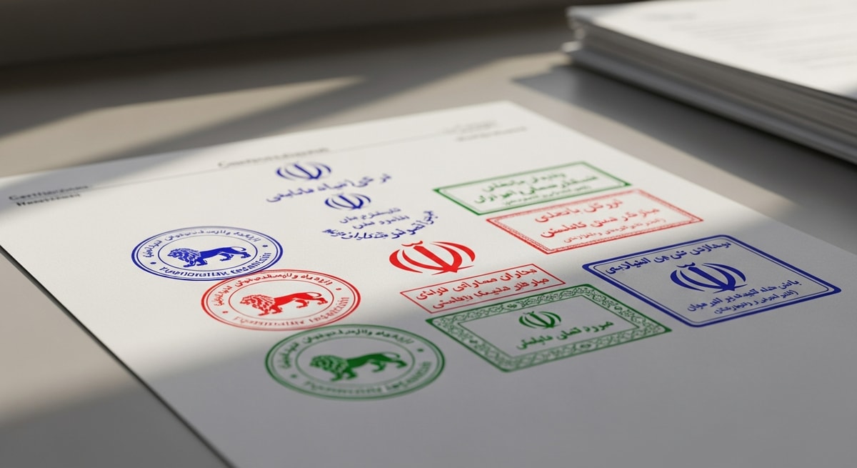 Official Iranian consular legalization stamps and seals on a certified translation document showing the multi-step authentication process