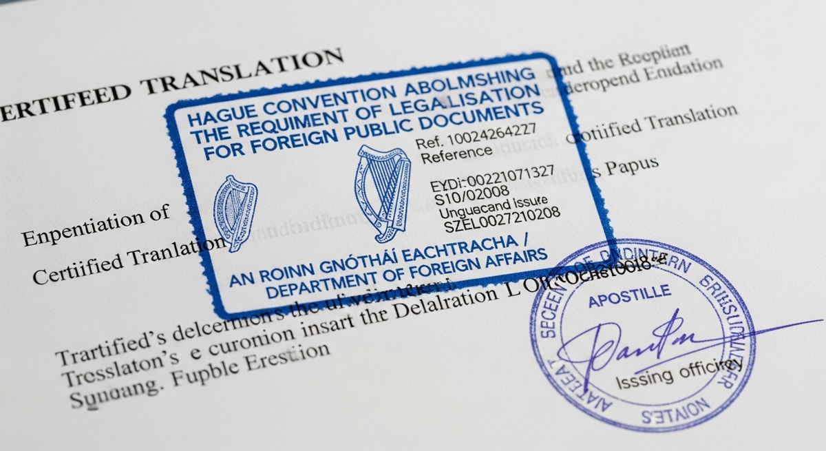 Official Irish apostille stamp issued by the Department of Foreign Affairs with Hague Convention header on a certified translation document