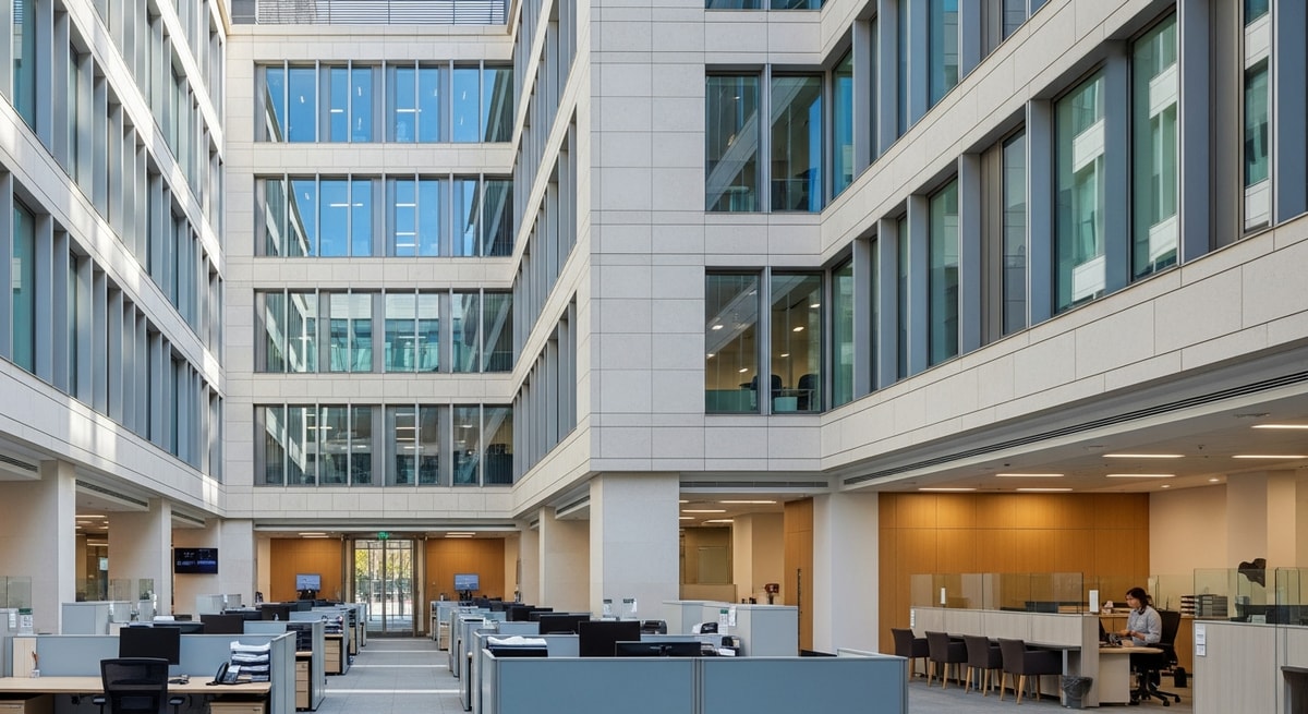 Modern government office building in Dublin representing Ireland's administrative services and immigration processing centres