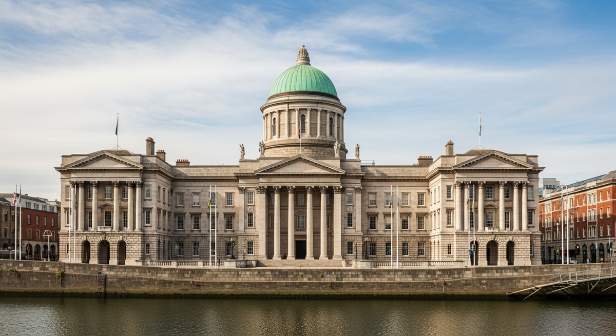 The Four Courts building on the River Liffey in Dublin with its iconic copper dome representing the Irish legal system and institutional framework