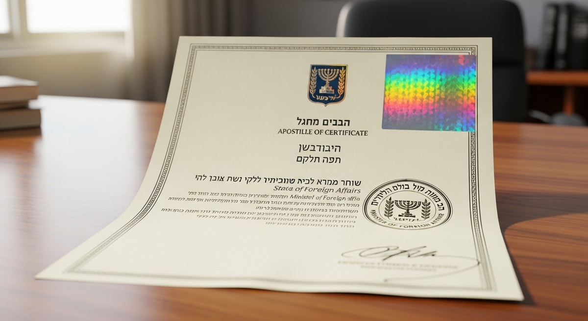 Israeli apostille certificate with hologram and official seal from the Ministry of Foreign Affairs authenticating a public document