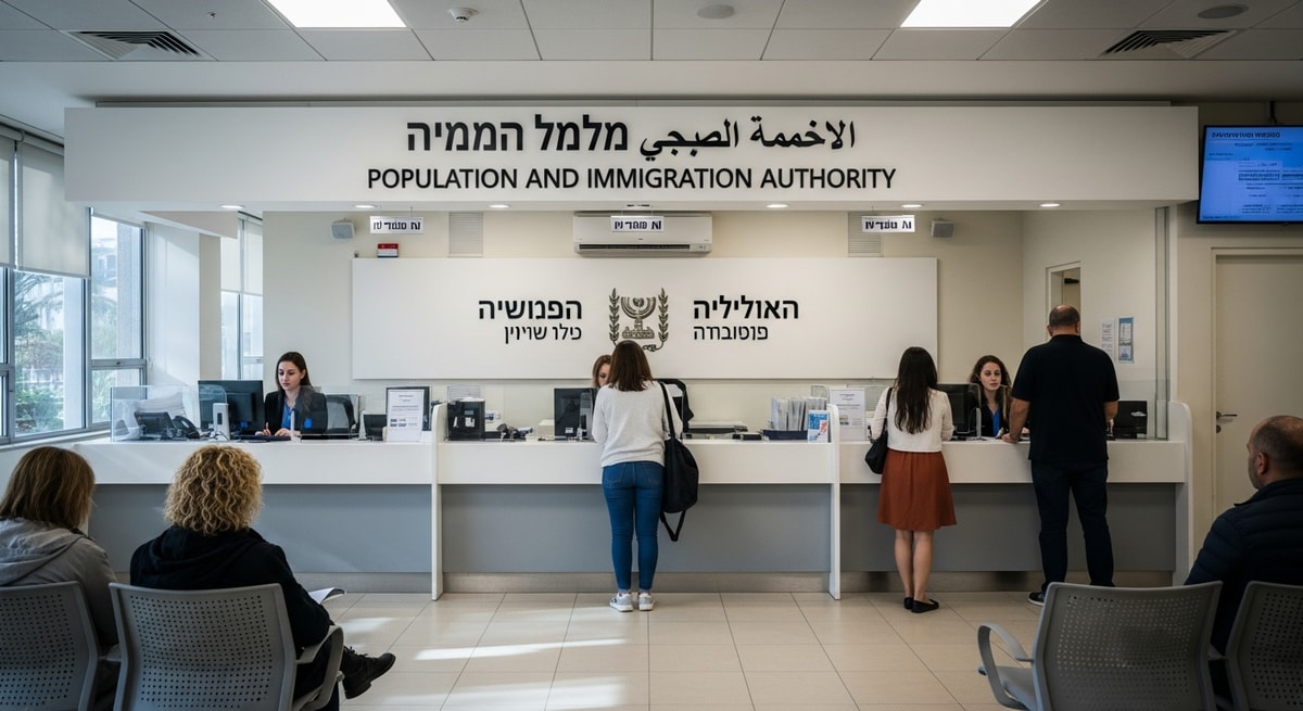 Israeli civil registry office of the Population and Immigration Authority showing service counter with Hebrew and Arabic signage