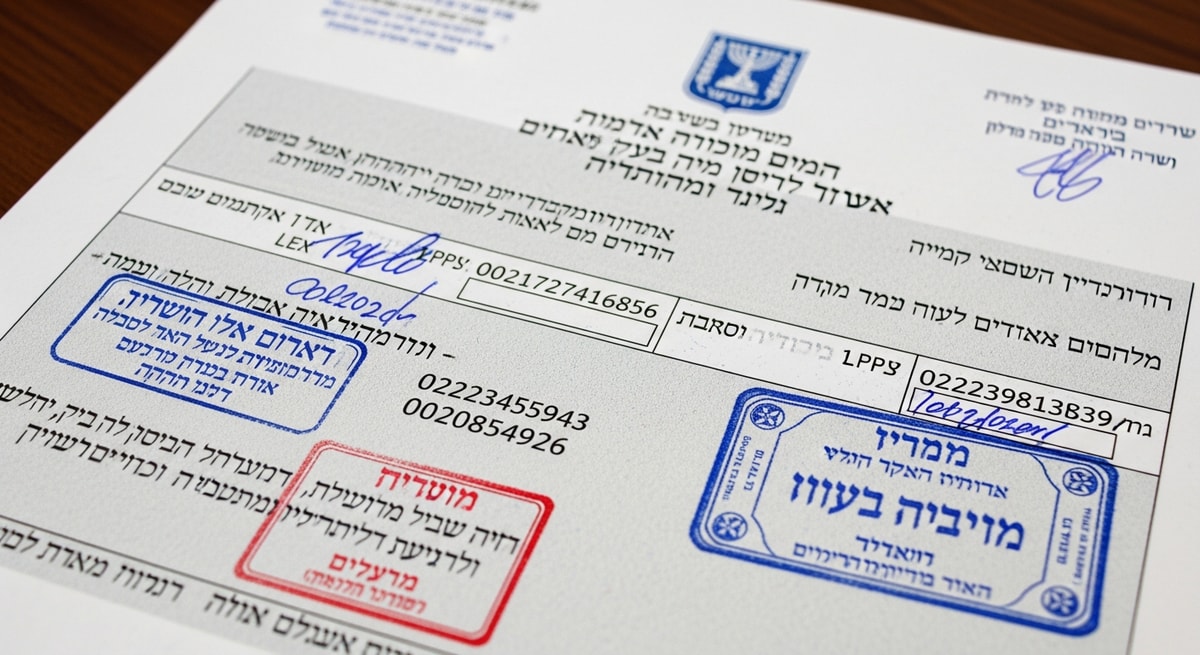 Close-up of an Israeli official document showing Hebrew text with stamps and registration numbers illustrating bidirectional text layout
