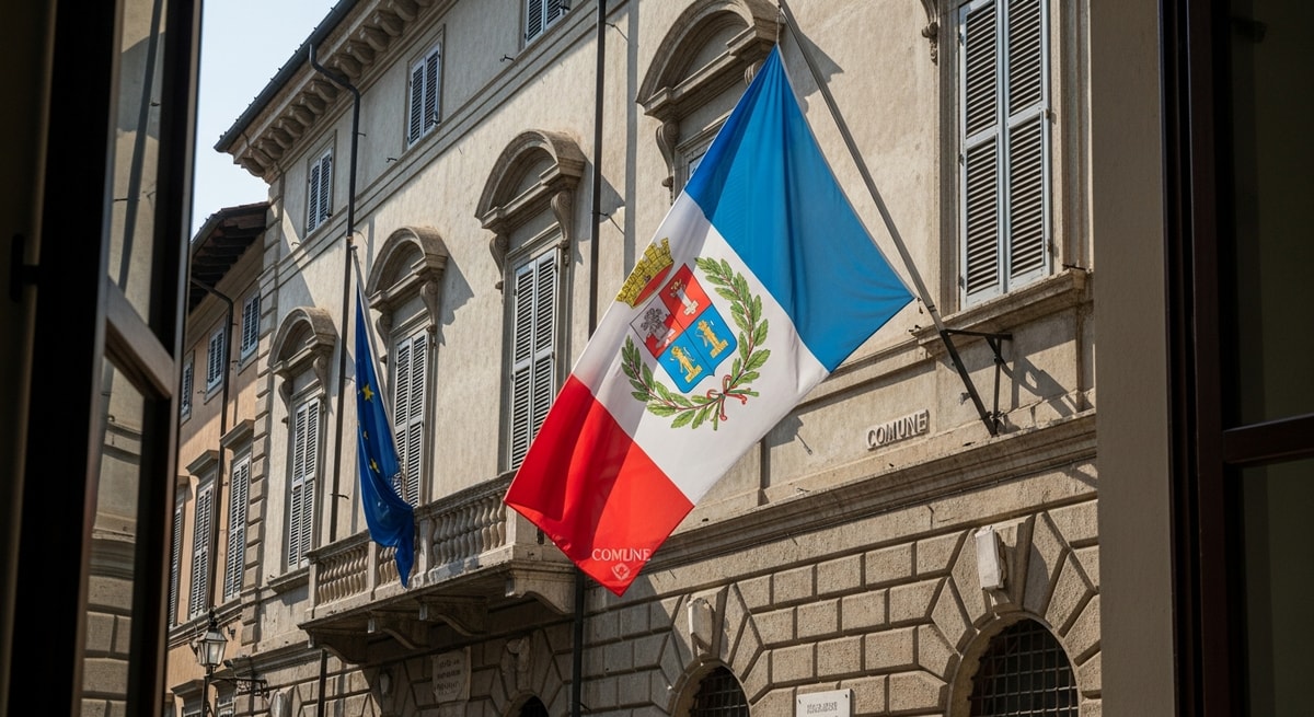Historic Italian Comune building with municipal flag representing the local civil registry offices that issue certificati di stato civile