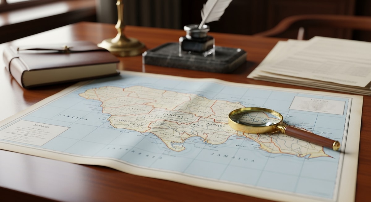 Map of Jamaica's 14 parishes representing the parish-based civil registration system used for vital records and official documents