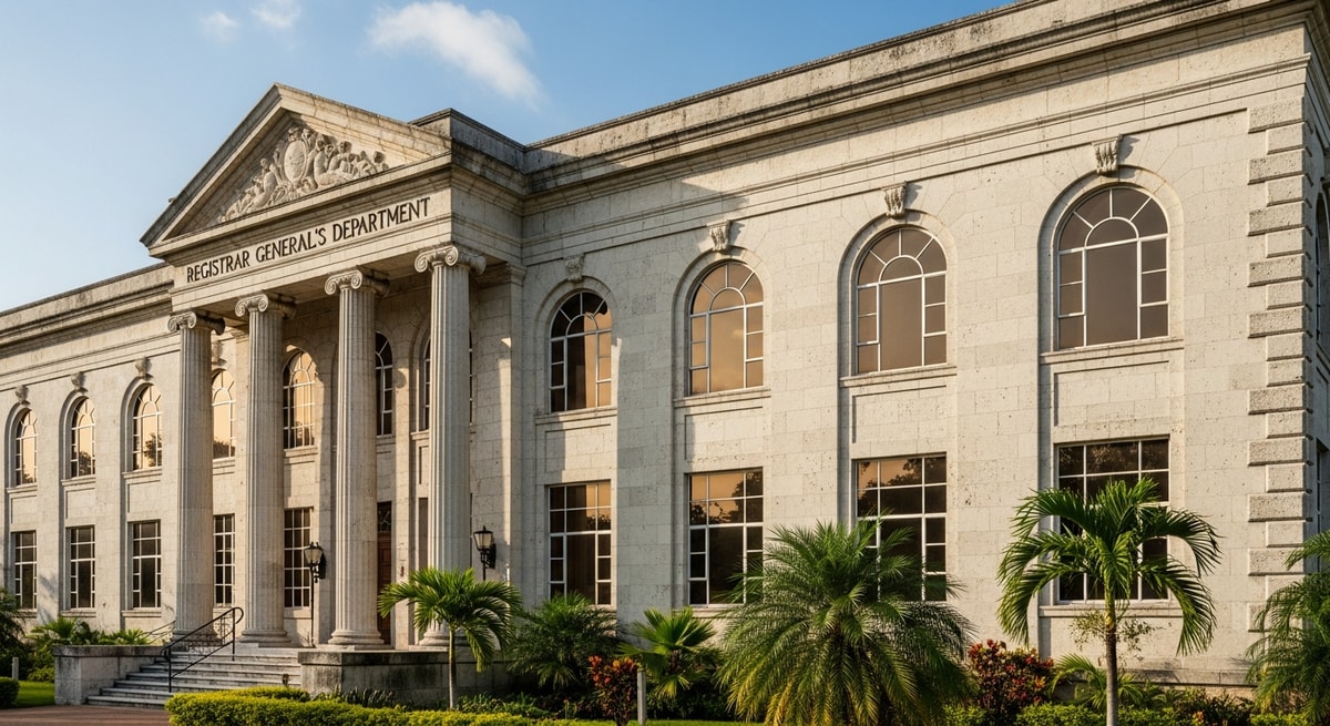 Registrar General's Department building in Jamaica representing the vital records system for birth, marriage, and death certificates