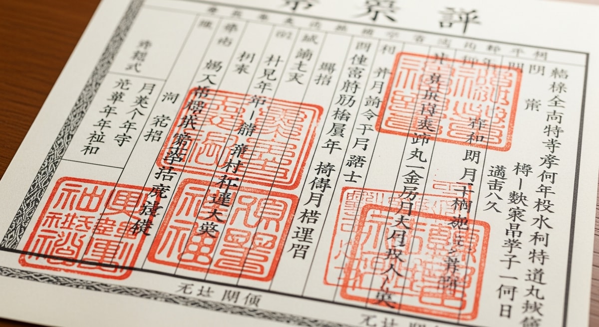 Close-up of a Japanese koseki family register document showing complex kanji characters, administrative stamps, and the distinctive vertical column format