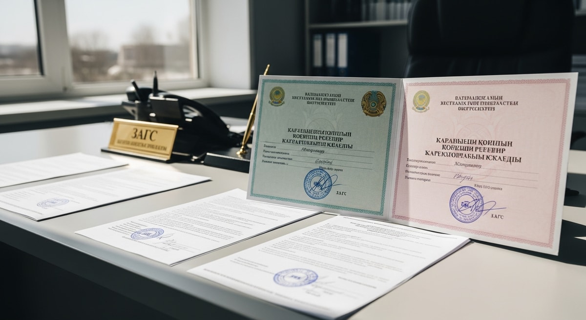 Kazakhstani ZAGS civil registry office representing the bilingual birth certificate and vital records system