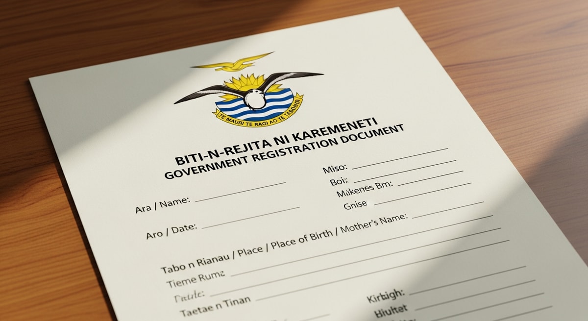 Official Kiribati government document with Gilbertese and English text alongside the Kiribati national seal representing civil registration