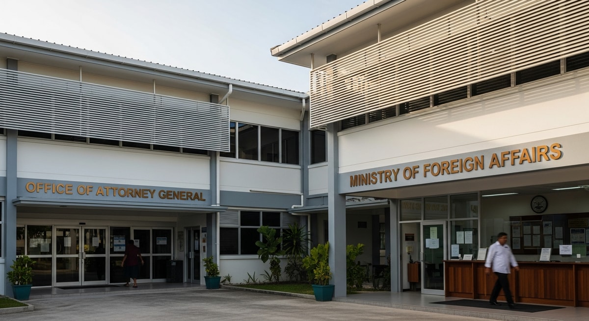 Kiribati government buildings in South Tarawa where the Office of the Attorney General and Ministry of Foreign Affairs handle document authentication