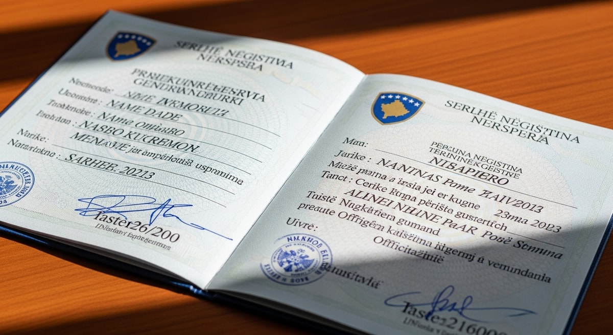 Kosovo civil registry documents including birth certificate and marriage certificate in Albanian and Serbian languages on official security paper