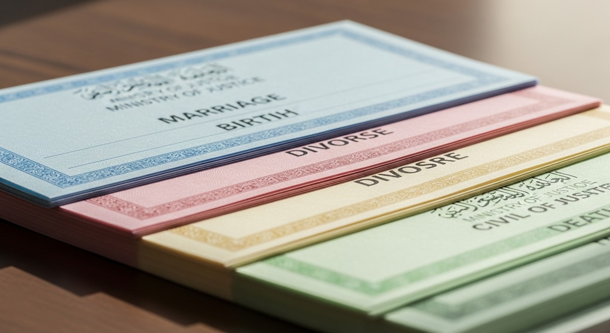 Kuwaiti civil registration documents showing the color-coded certificate system used by the Ministry of Justice