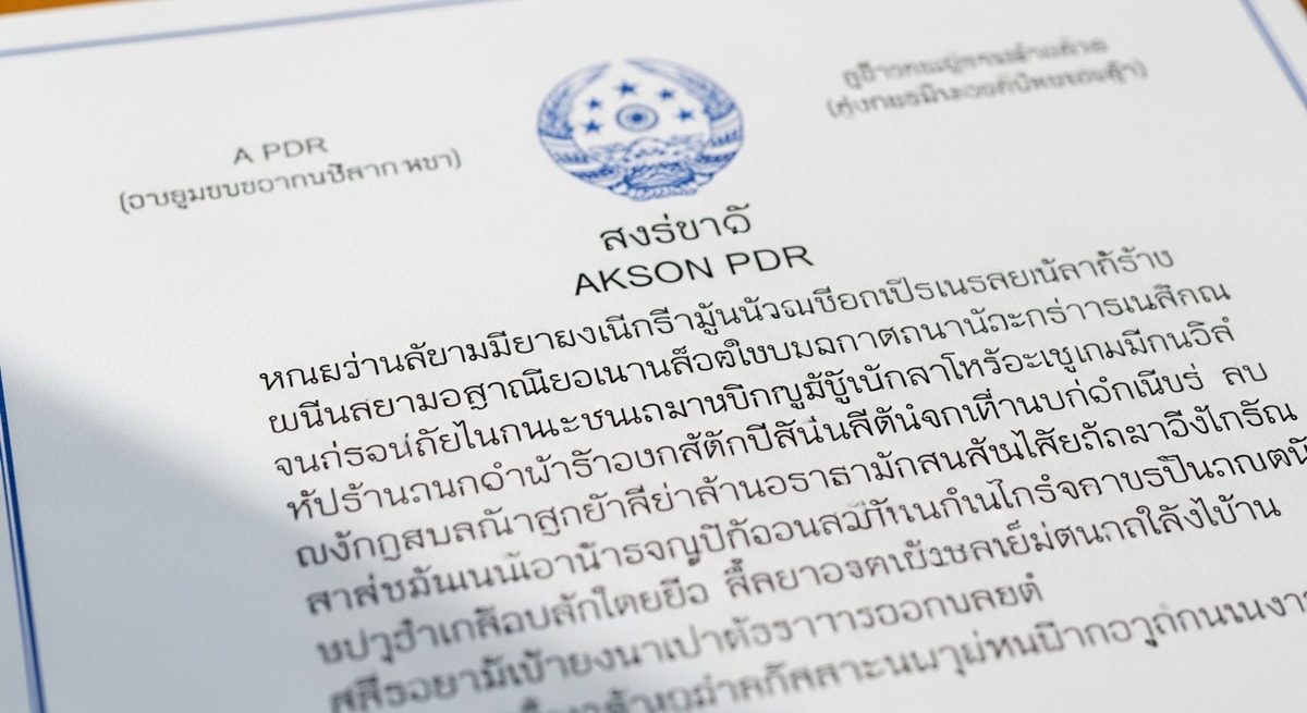 Lao script (Akson Lao) on an official Lao PDR government document showing the abugida writing system with vowel markers and consonant clusters