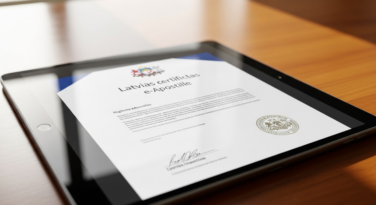 Latvian e-Apostille digital certificate representing Latvia's fully electronic apostille system operated by sworn notaries since 2019