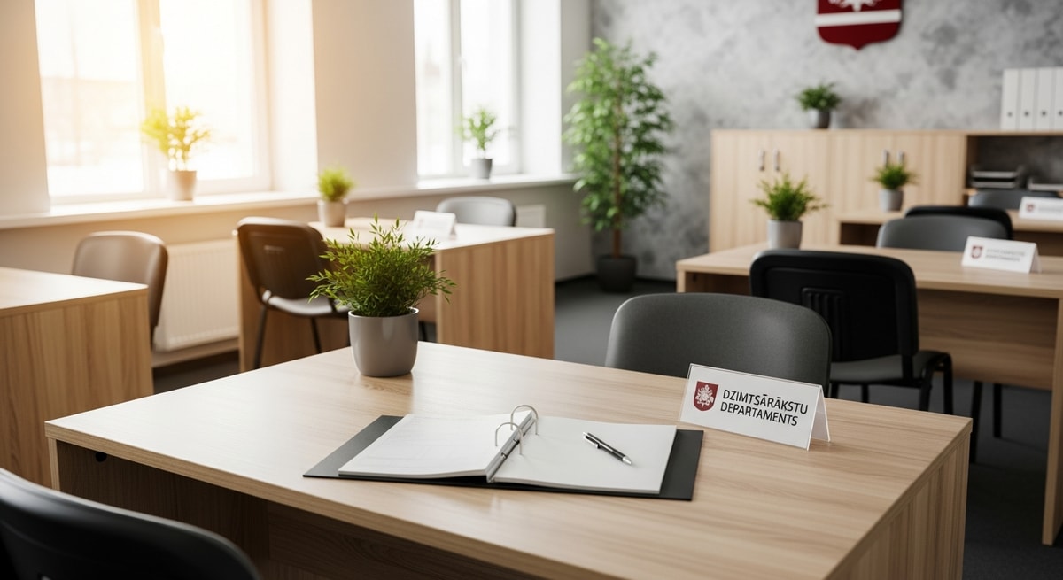 Latvian civil registry office representing the Dzimtsarakstu departaments vital records system for birth, marriage, and death certificates