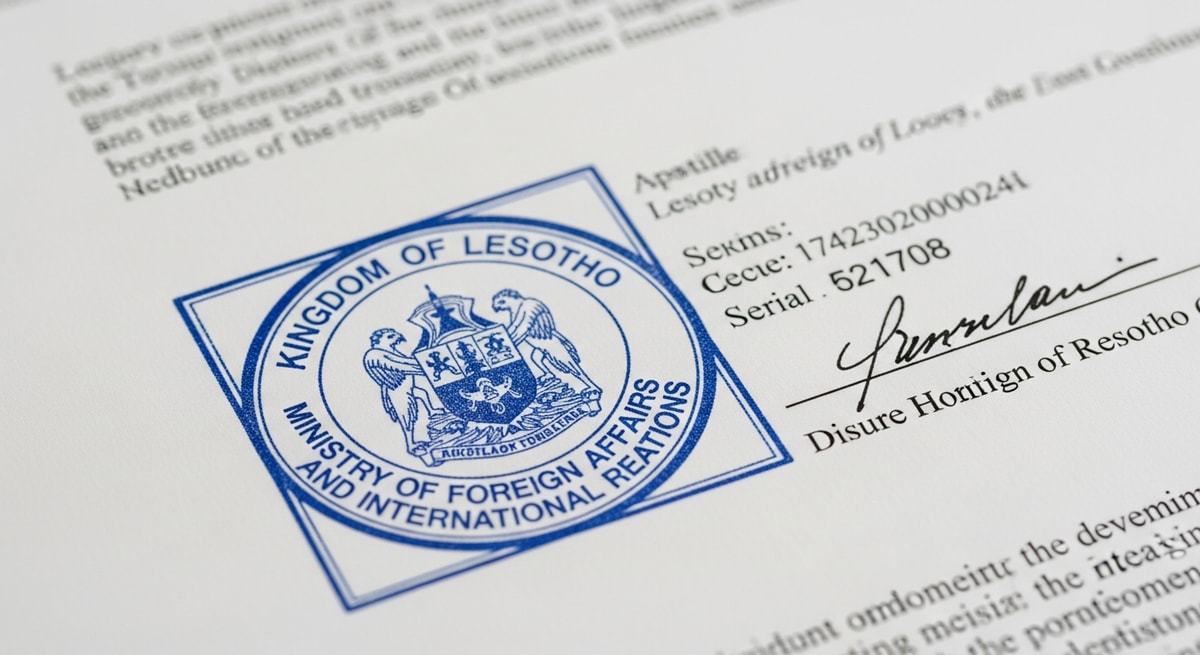 Official apostille stamp on a Lesotho document issued by the Ministry of Foreign Affairs and International Relations of the Kingdom of Lesotho