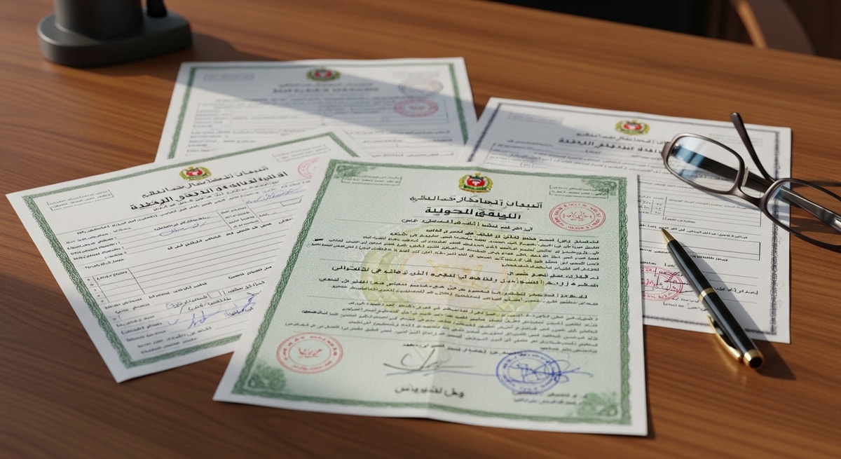 Libyan official documents in Arabic script showing birth certificate and civil registration forms issued by Libyan civil registry offices