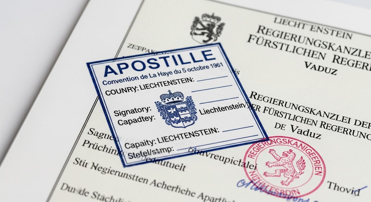 Hague Apostille stamp affixed to a Liechtenstein public document issued by the Regierungskanzlei der Fürstlichen Regierung in Vaduz