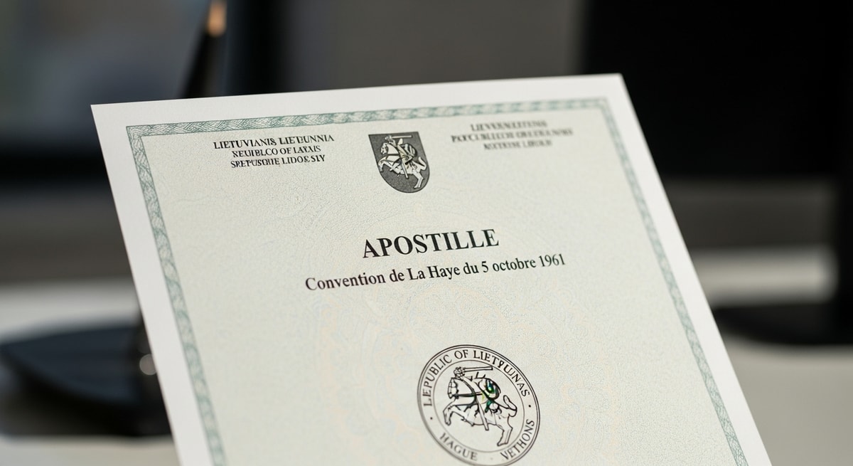 Lithuanian apostille certificate with Hague Convention header authenticating a public document for international use
