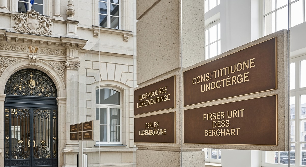 Luxembourg government building with multilingual signage representing the country's constitutional trilingual system