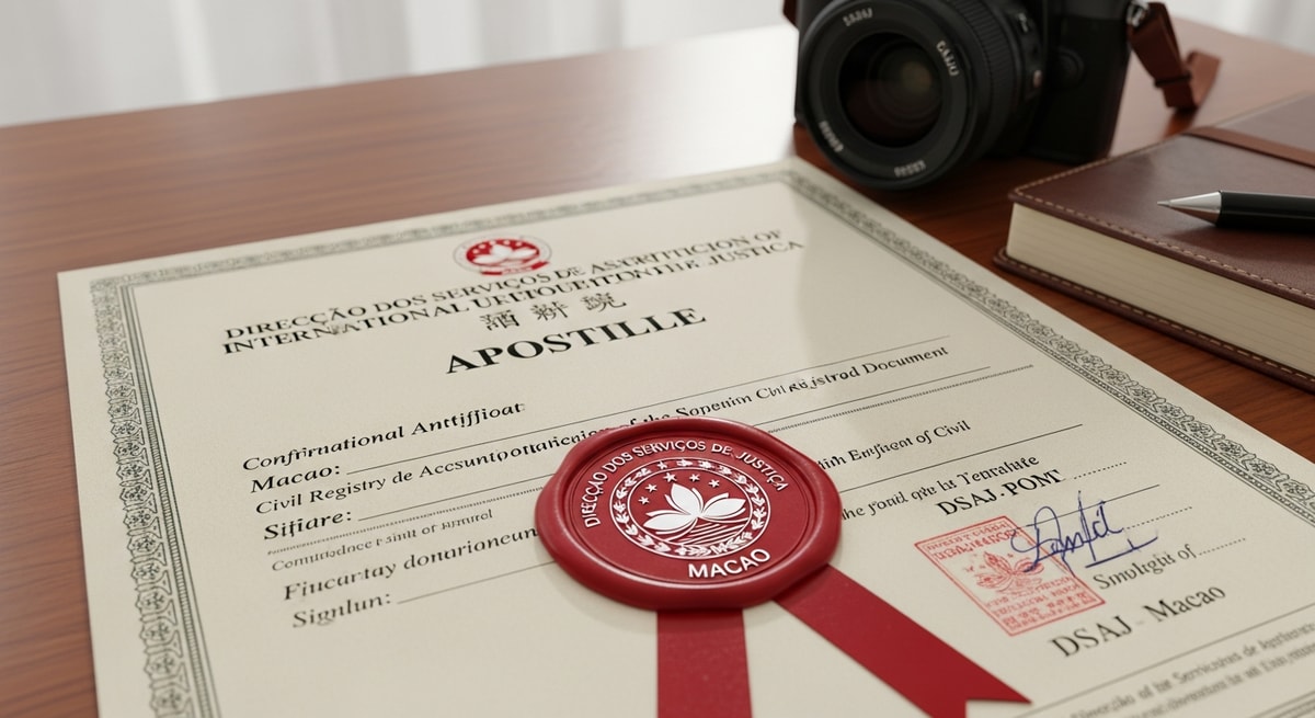 DSAJ Macao official seal on an apostille certificate confirming international authentication of a Macao civil registry document