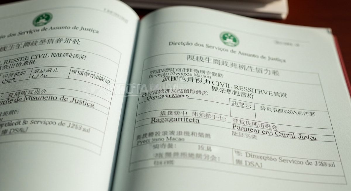 Macao civil registry documents showing bilingual Traditional Chinese and Portuguese text side by side as issued by the DSAJ