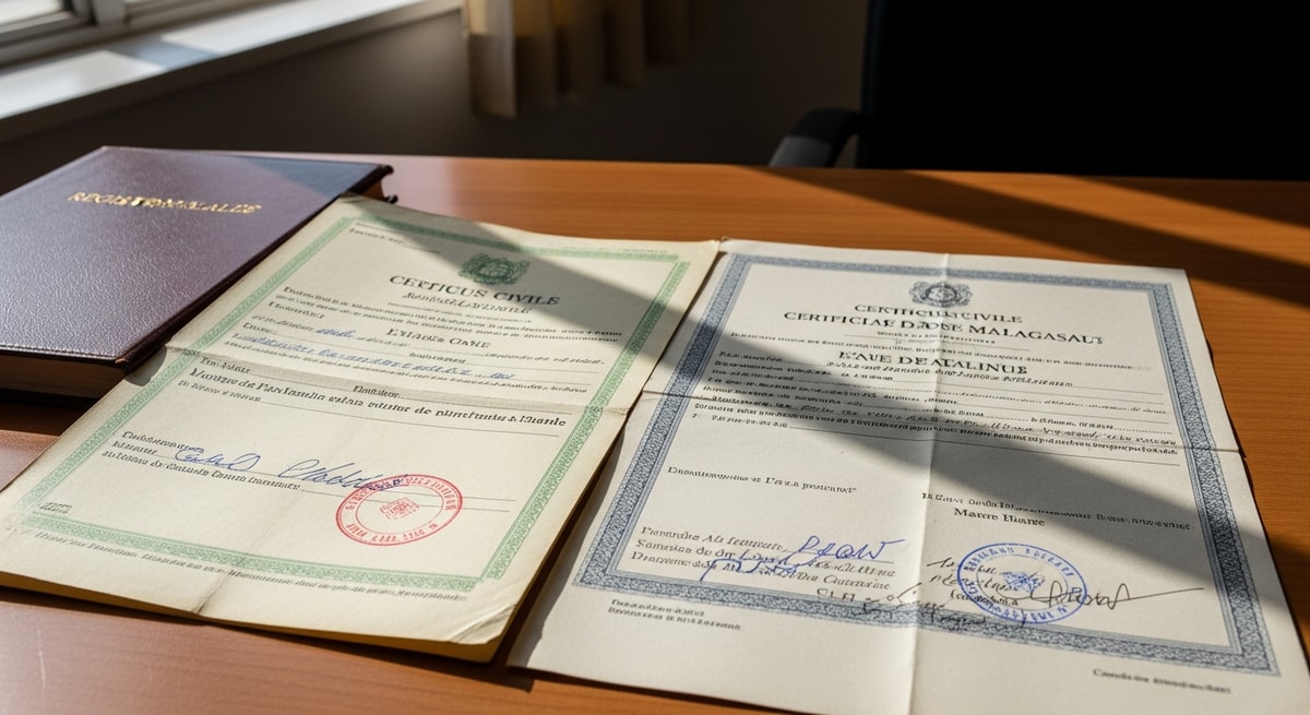 Malagasy état civil documents written in French including birth certificate and marriage certificate from a Madagascar commune registry office