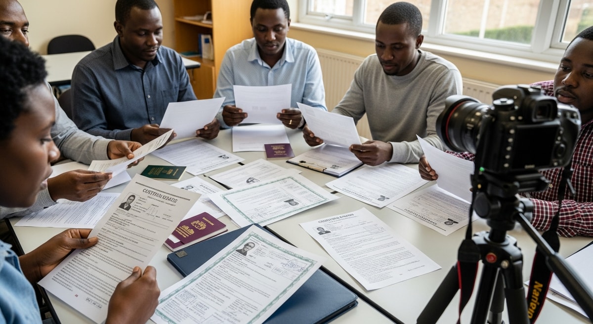 Malawian community members in the UK reviewing immigration documents for certified translation