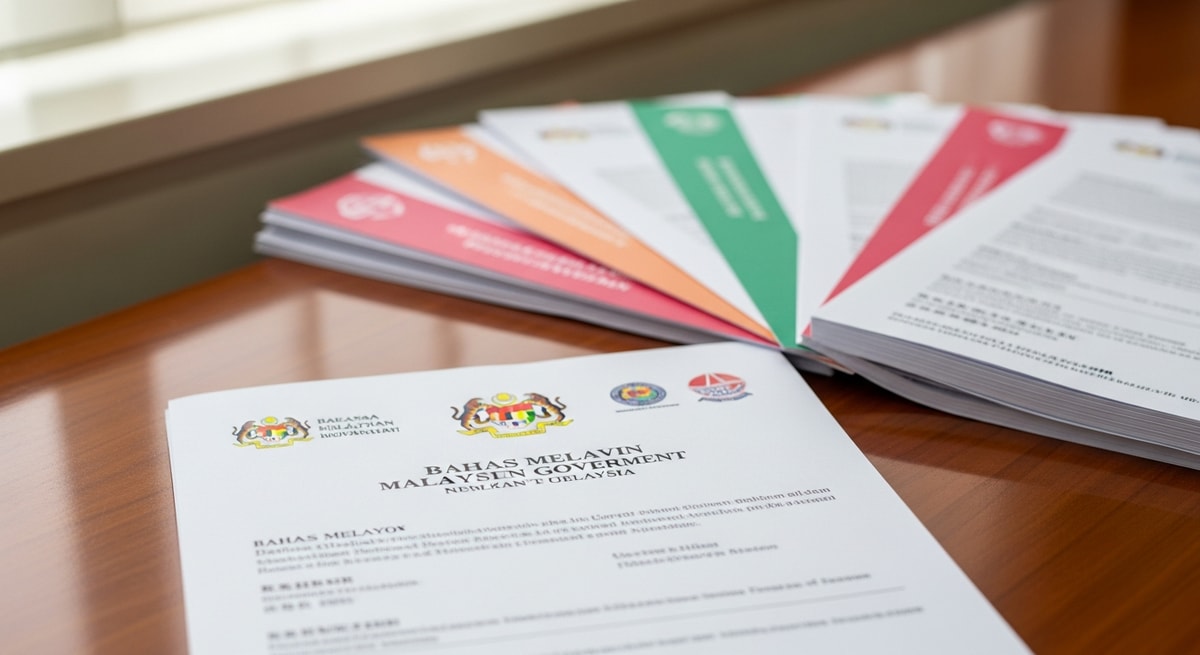 Malaysian government documents in multiple languages including Bahasa Melayu, English, and Chinese reflecting the country's multilingual administration