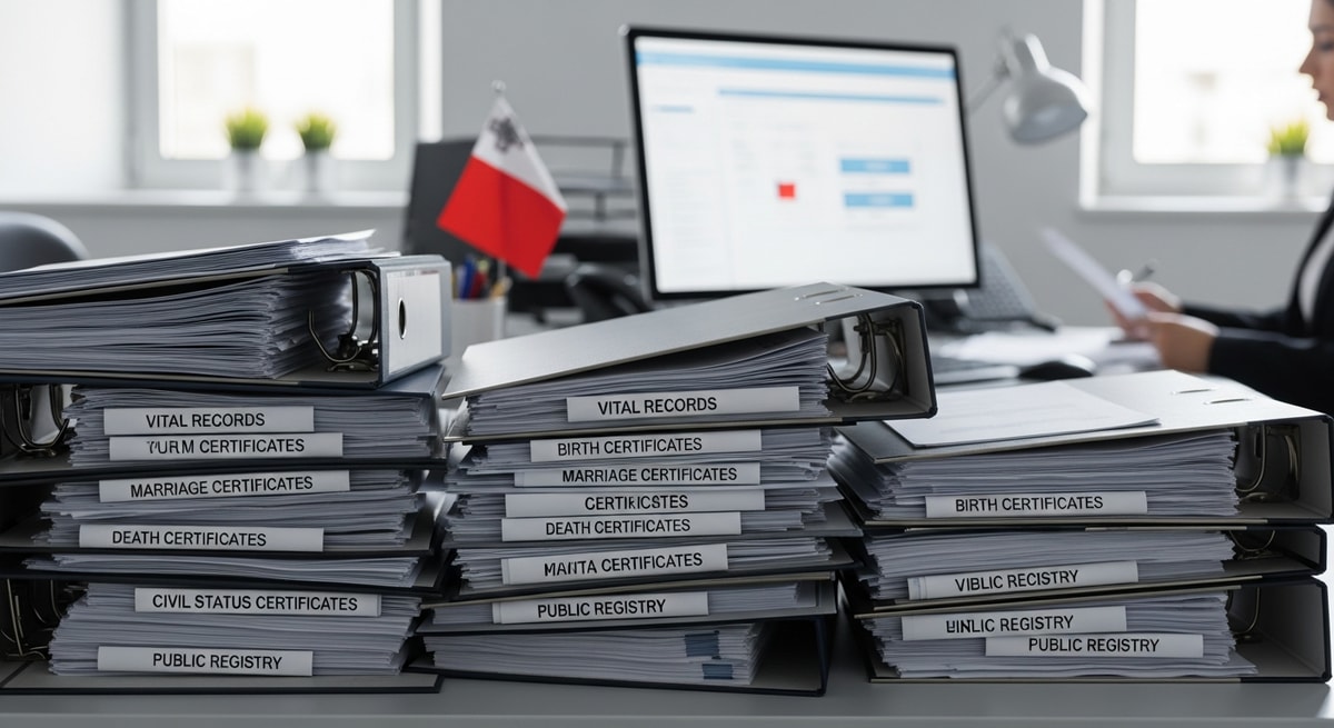 Malta's Identita civil registration system representing the Public Registry that issues vital records and civil status certificates