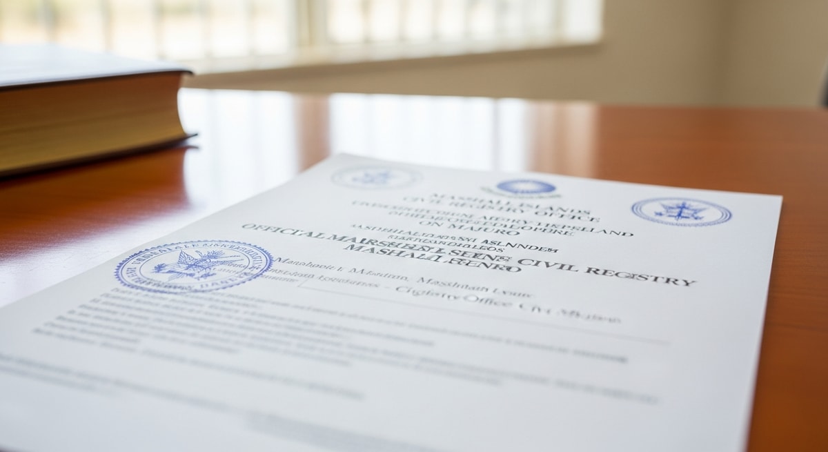 Official Marshall Islands civil registry document in Marshallese and English from the Civil Registry Office in Majuro