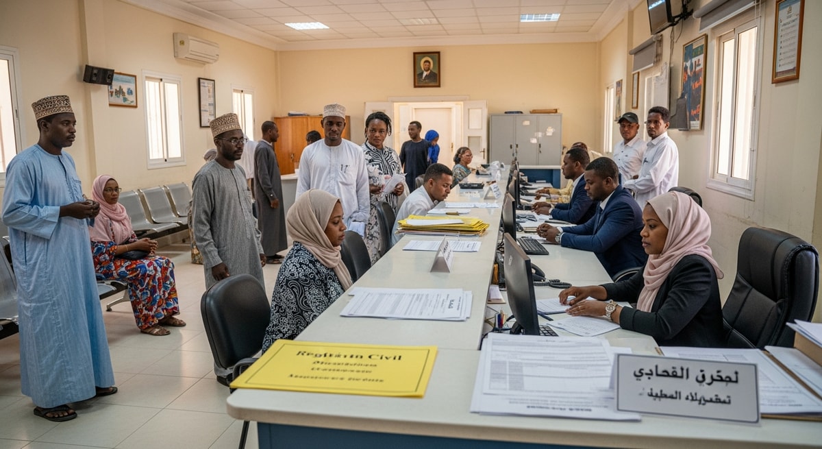 Civil registration office in Nouakchott, Mauritania where birth certificates and family status documents are issued in Arabic and French