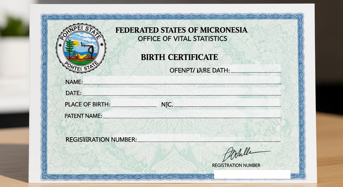 FSM birth certificate issued in English by Pohnpei State Office of Vital Statistics with state seal