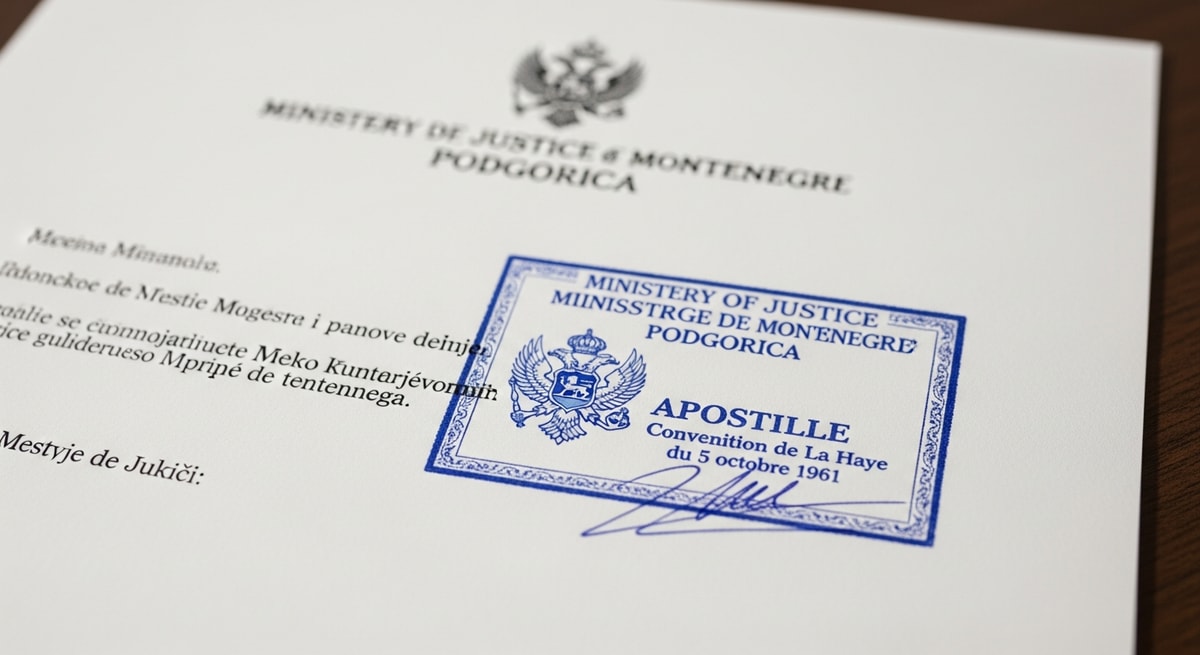 Apostille stamp on a Montenegrin public document issued by the Ministry of Justice of Montenegro in Podgorica