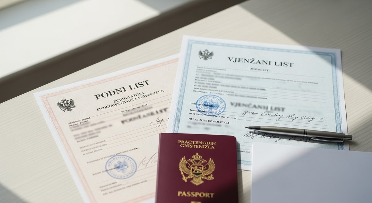 Montenegrin civil registry documents including rodni list birth certificate and vjenčani list marriage certificate on a desk
