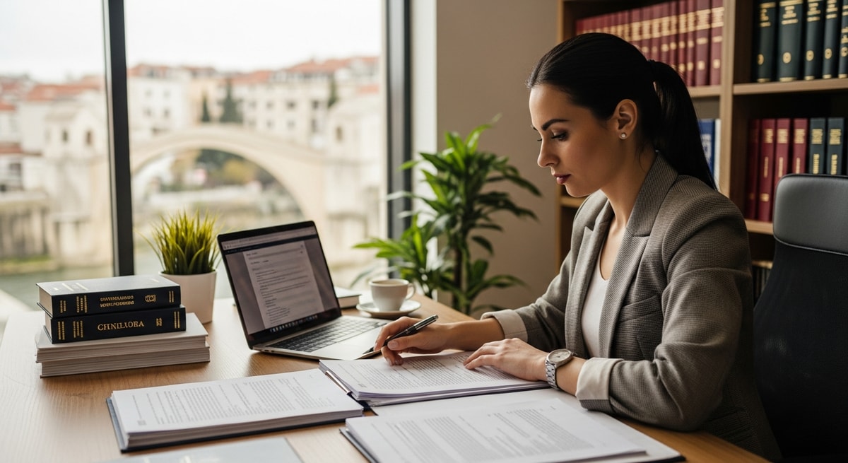 Professional translator reviewing Montenegrin legal documents in an office setting in Podgorica Montenegro