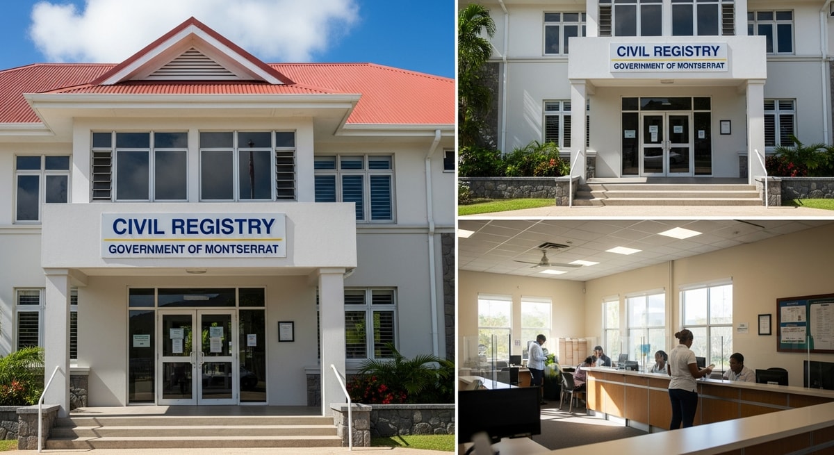 Montserrat government administration building in Brades representing the Civil Registry and official document issuance following the volcanic displacement