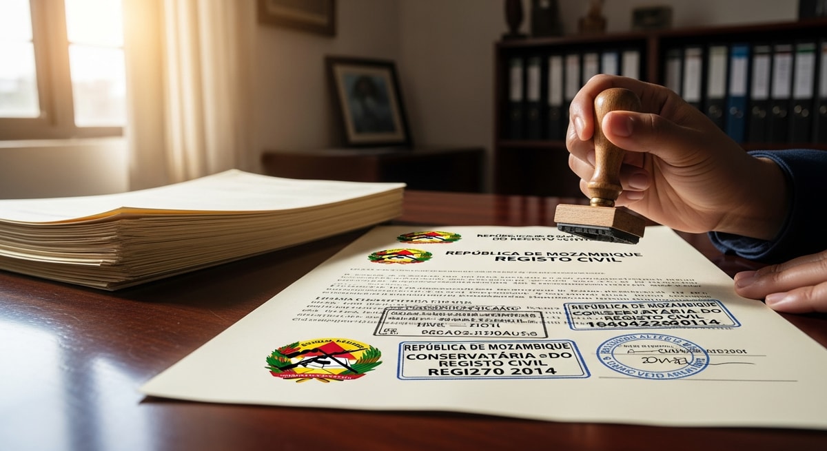 Mozambican civil registry office and official Portuguese-language document certification stamps