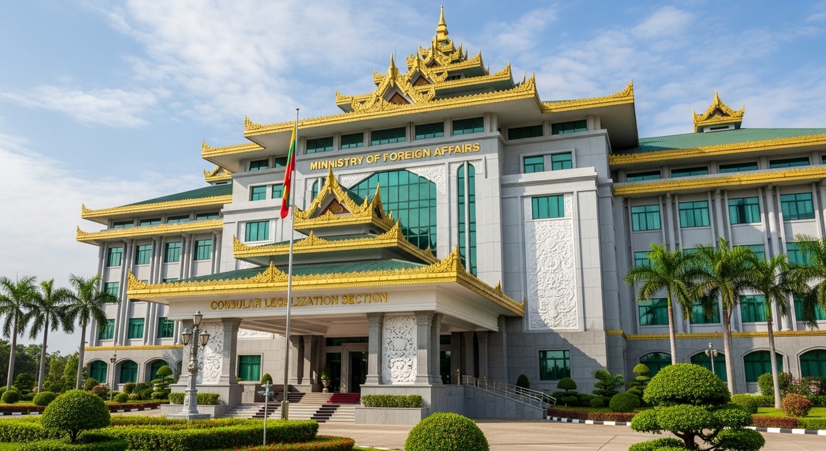Myanmar Ministry of Foreign Affairs building in Naypyidaw representing the consular legalization process