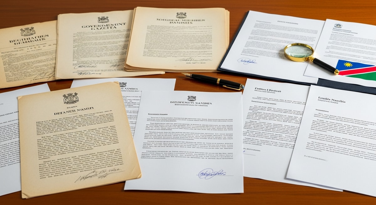 Historical and modern Namibian official documents in German, Afrikaans, and English showing multilingual document heritage