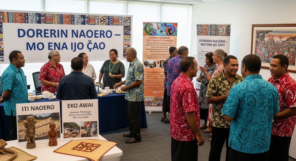 Nauruan community gathering with local language signage representing the Dorerin Naoero language and Nauruan cultural identity