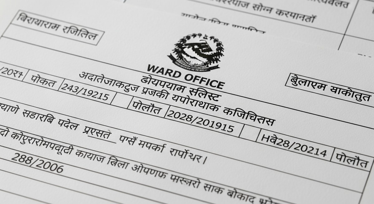 Nepali official documents showing Devanagari script with Bikram Sambat calendar dates from ward office records