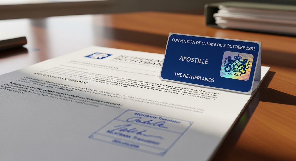Official Dutch apostille sticker with Hague Convention header and hologram attached to a certified translation document from a Netherlands Rechtbank
