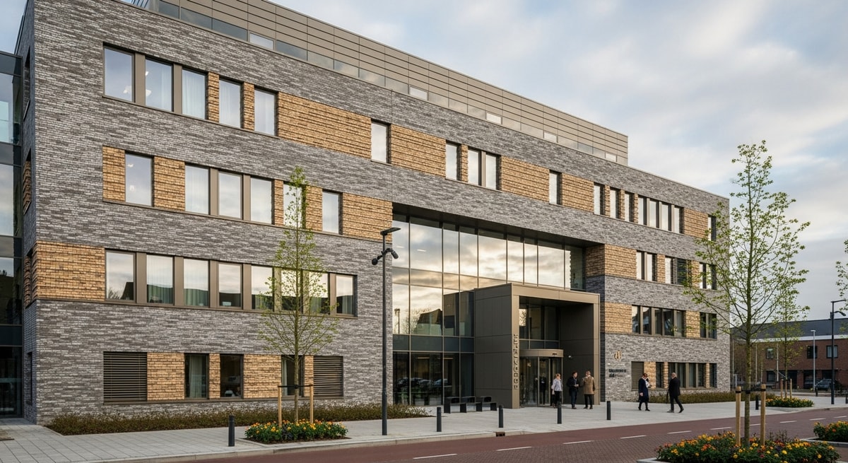 Exterior of a Dutch gemeente municipal building with a modern facade representing the local civil registration offices that issue vital records in the Netherlands
