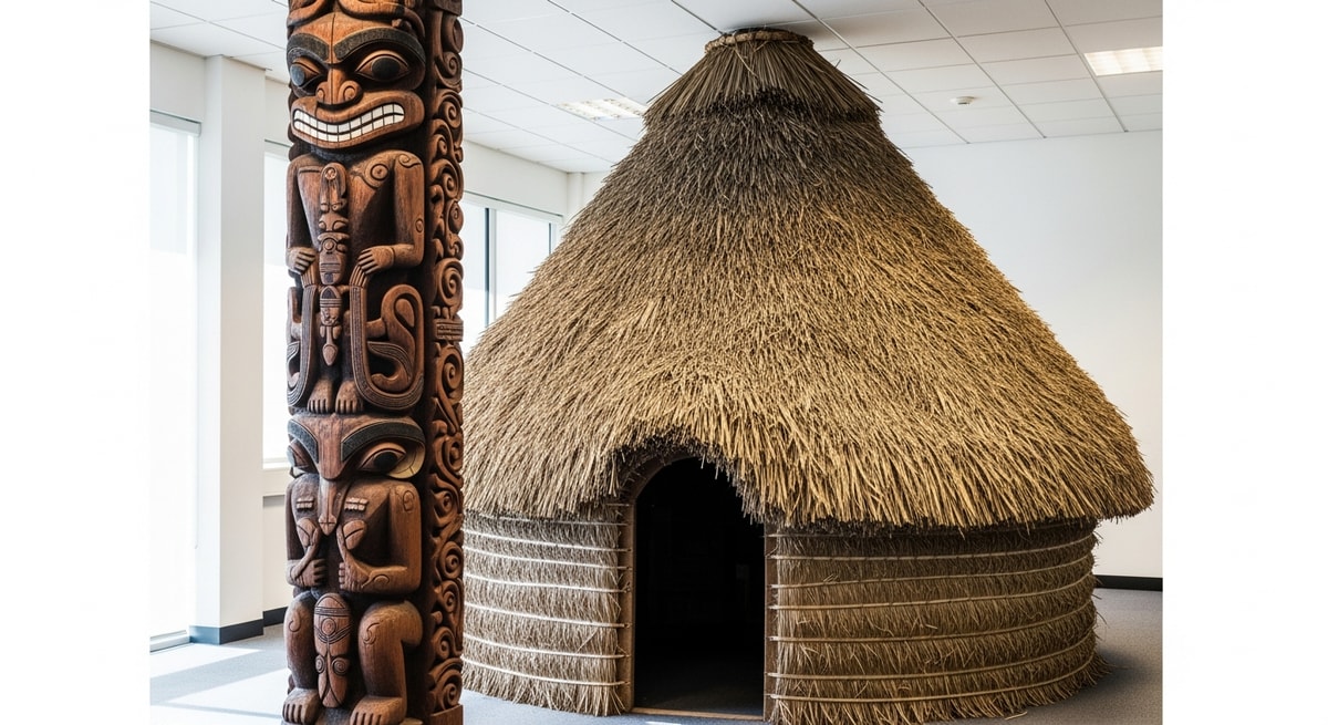 Traditional Kanak thatched hut (case) with carved totem in New Caledonia representing the indigenous Melanesian cultural heritage and customary law system