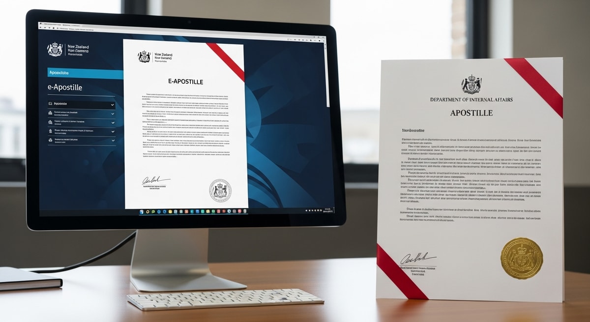 New Zealand e-apostille document displayed on a screen alongside a traditional paper apostille certificate from the Department of Internal Affairs