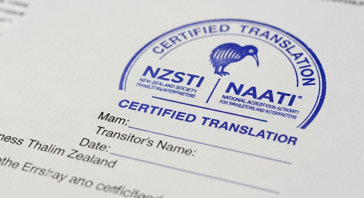 Professional translation certification stamp on a New Zealand document representing the NZSTI and NAATI credentialing framework