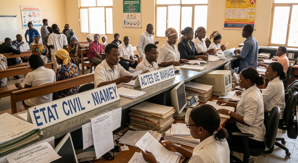 Nigerien état civil office where birth certificates and marriage records are registered and issued in French in Niamey, Niger