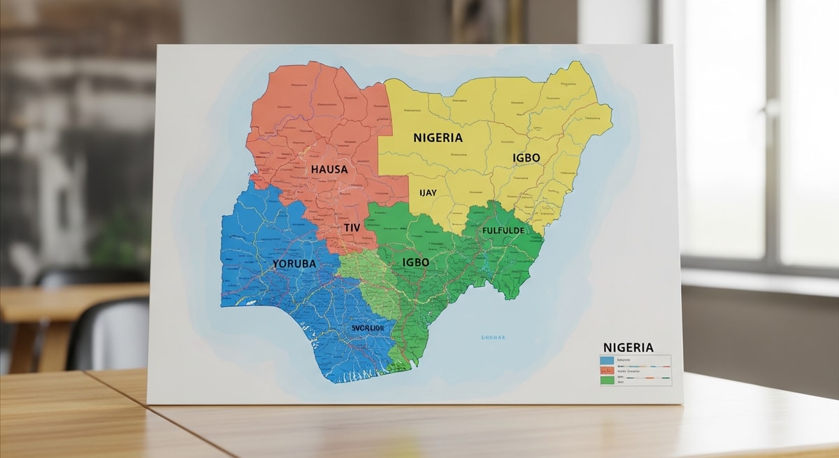 Map of Nigeria highlighting the diverse linguistic regions including Hausa-speaking north, Yoruba-speaking southwest, and Igbo-speaking southeast