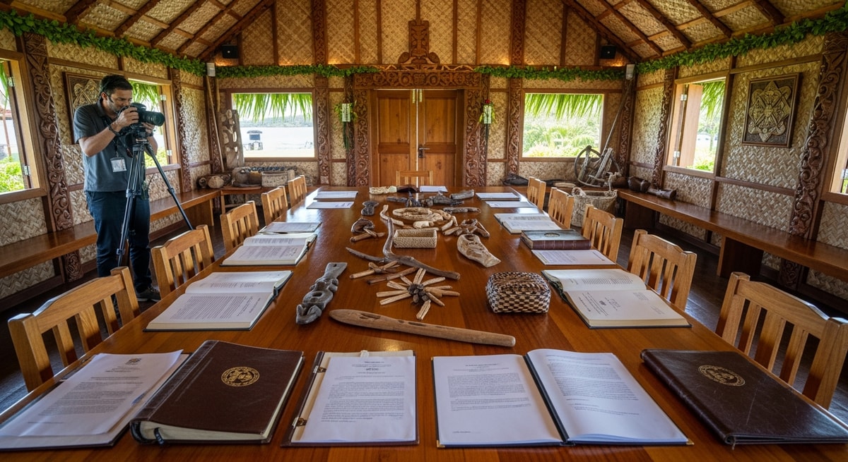 Traditional Niuean meeting house in Alofi representing the Niuean language and cultural heritage reflected in official document translation
